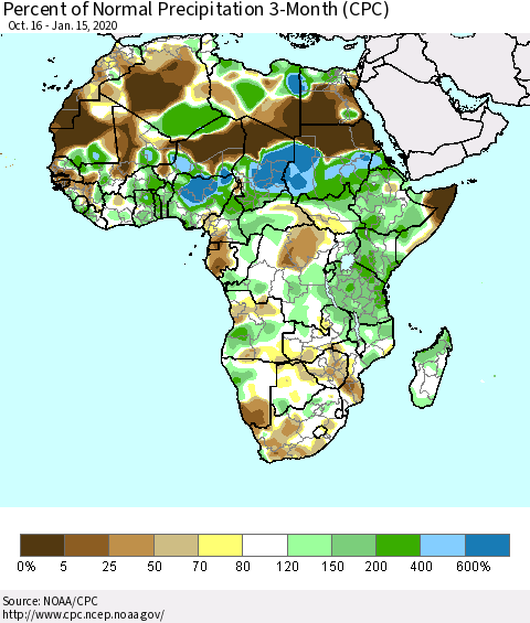 Africa Percent of Normal Precipitation 3-Month (CPC) Thematic Map For 10/16/2019 - 1/15/2020