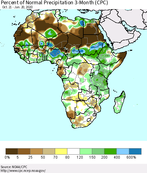 Africa Percent of Normal Precipitation 3-Month (CPC) Thematic Map For 10/21/2019 - 1/20/2020