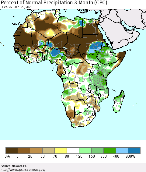 Africa Percent of Normal Precipitation 3-Month (CPC) Thematic Map For 10/26/2019 - 1/25/2020