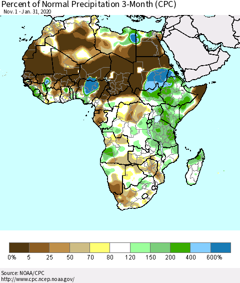 Africa Percent of Normal Precipitation 3-Month (CPC) Thematic Map For 11/1/2019 - 1/31/2020