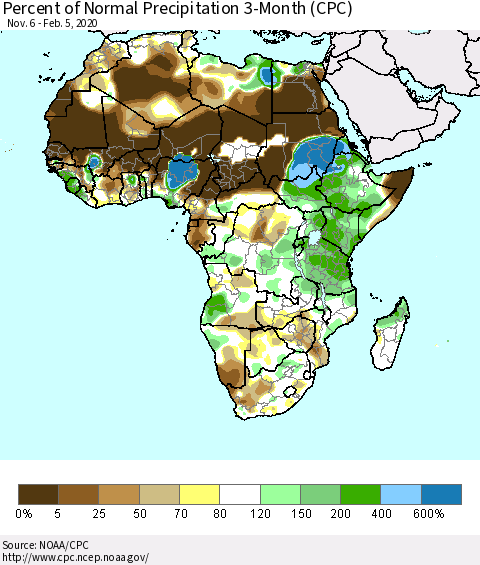 Africa Percent of Normal Precipitation 3-Month (CPC) Thematic Map For 11/6/2019 - 2/5/2020