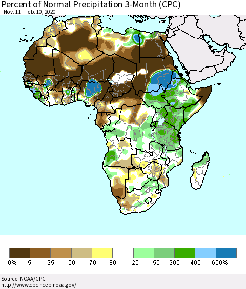 Africa Percent of Normal Precipitation 3-Month (CPC) Thematic Map For 11/11/2019 - 2/10/2020