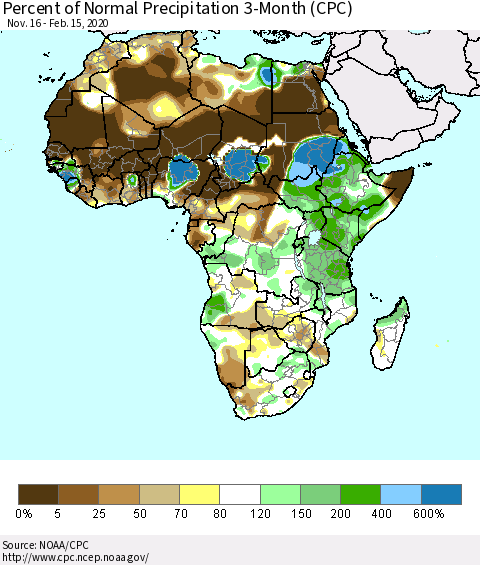 Africa Percent of Normal Precipitation 3-Month (CPC) Thematic Map For 11/16/2019 - 2/15/2020