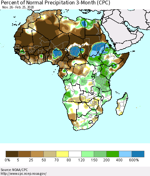 Africa Percent of Normal Precipitation 3-Month (CPC) Thematic Map For 11/26/2019 - 2/25/2020