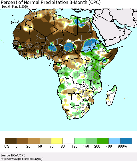 Africa Percent of Normal Precipitation 3-Month (CPC) Thematic Map For 12/6/2019 - 3/5/2020