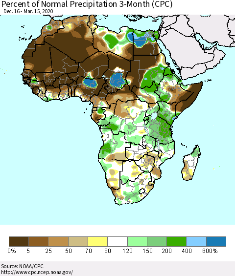 Africa Percent of Normal Precipitation 3-Month (CPC) Thematic Map For 12/16/2019 - 3/15/2020
