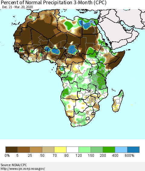 Africa Percent of Normal Precipitation 3-Month (CPC) Thematic Map For 12/21/2019 - 3/20/2020