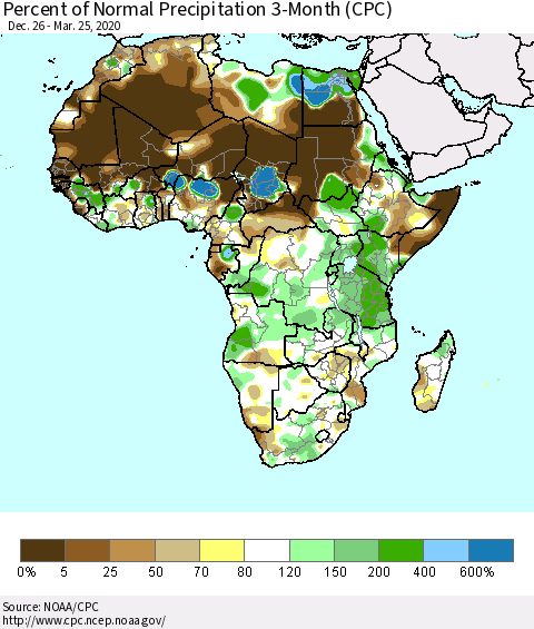 Africa Percent of Normal Precipitation 3-Month (CPC) Thematic Map For 12/26/2019 - 3/25/2020