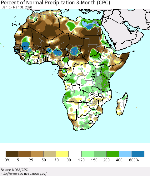 Africa Percent of Normal Precipitation 3-Month (CPC) Thematic Map For 1/1/2020 - 3/31/2020