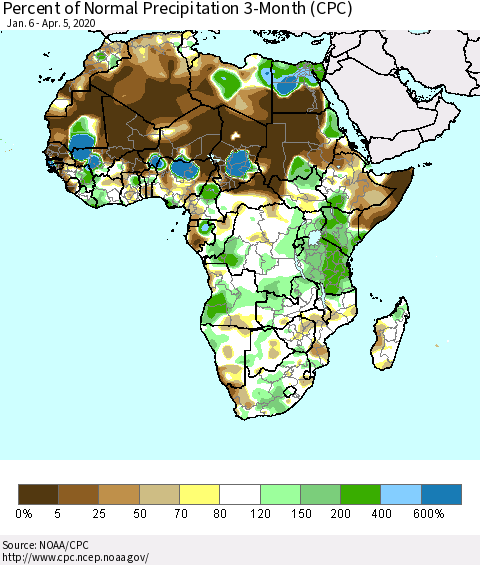 Africa Percent of Normal Precipitation 3-Month (CPC) Thematic Map For 1/6/2020 - 4/5/2020