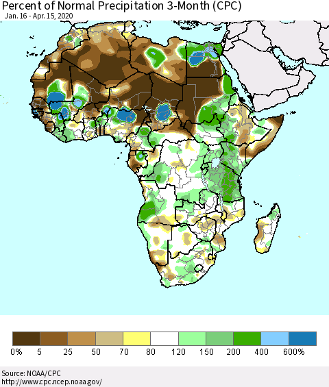 Africa Percent of Normal Precipitation 3-Month (CPC) Thematic Map For 1/16/2020 - 4/15/2020