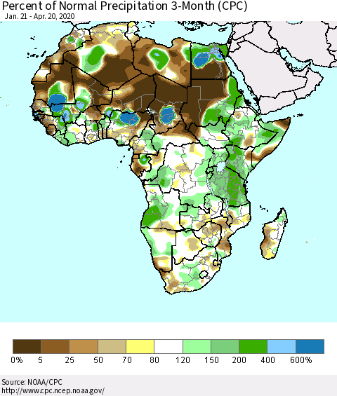 Africa Percent of Normal Precipitation 3-Month (CPC) Thematic Map For 1/21/2020 - 4/20/2020