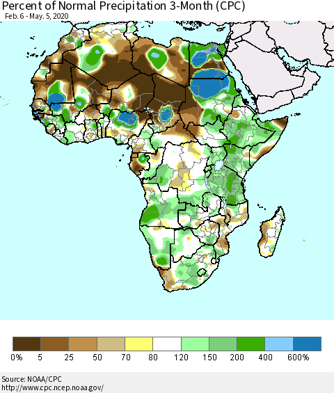 Africa Percent of Normal Precipitation 3-Month (CPC) Thematic Map For 2/6/2020 - 5/5/2020