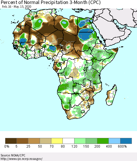 Africa Percent of Normal Precipitation 3-Month (CPC) Thematic Map For 2/16/2020 - 5/15/2020