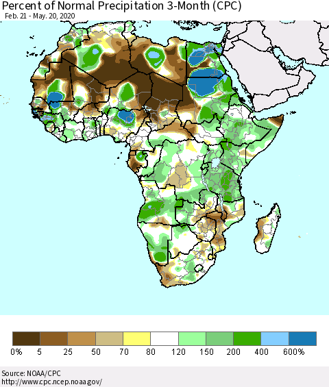 Africa Percent of Normal Precipitation 3-Month (CPC) Thematic Map For 2/21/2020 - 5/20/2020