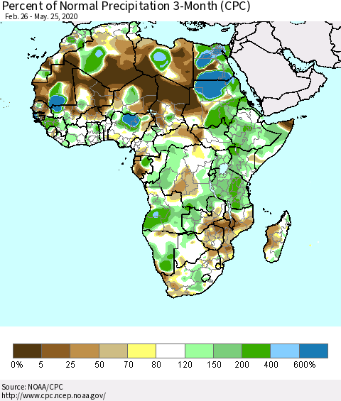 Africa Percent of Normal Precipitation 3-Month (CPC) Thematic Map For 2/26/2020 - 5/25/2020