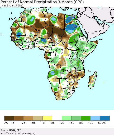 Africa Percent of Normal Precipitation 3-Month (CPC) Thematic Map For 3/6/2020 - 6/5/2020