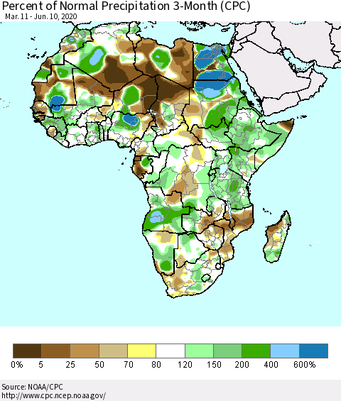 Africa Percent of Normal Precipitation 3-Month (CPC) Thematic Map For 3/11/2020 - 6/10/2020