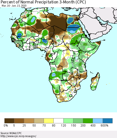 Africa Percent of Normal Precipitation 3-Month (CPC) Thematic Map For 3/16/2020 - 6/15/2020