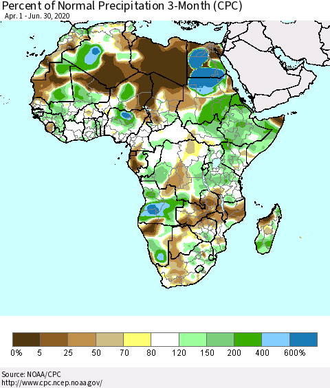 Africa Percent of Normal Precipitation 3-Month (CPC) Thematic Map For 4/1/2020 - 6/30/2020