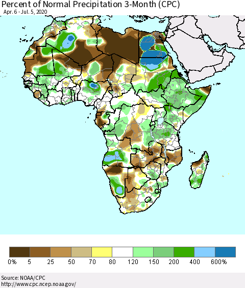 Africa Percent of Normal Precipitation 3-Month (CPC) Thematic Map For 4/6/2020 - 7/5/2020