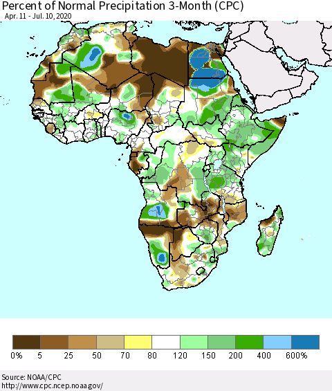 Africa Percent of Normal Precipitation 3-Month (CPC) Thematic Map For 4/11/2020 - 7/10/2020