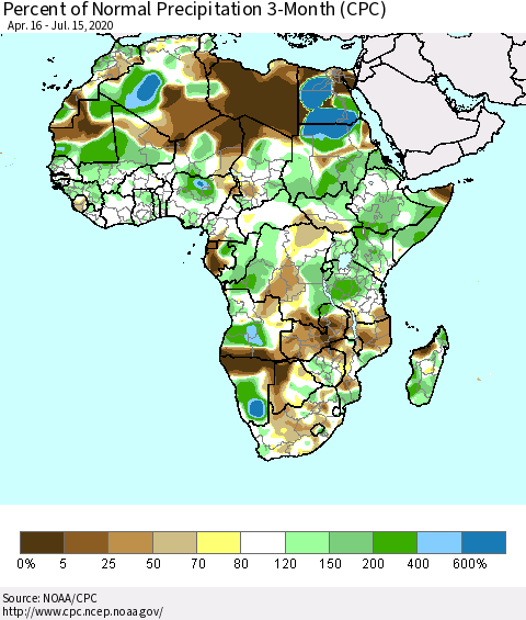 Africa Percent of Normal Precipitation 3-Month (CPC) Thematic Map For 4/16/2020 - 7/15/2020