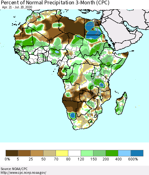 Africa Percent of Normal Precipitation 3-Month (CPC) Thematic Map For 4/21/2020 - 7/20/2020