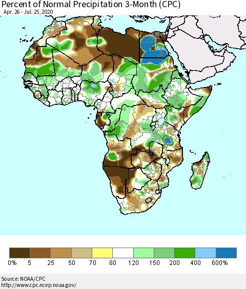 Africa Percent of Normal Precipitation 3-Month (CPC) Thematic Map For 4/26/2020 - 7/25/2020