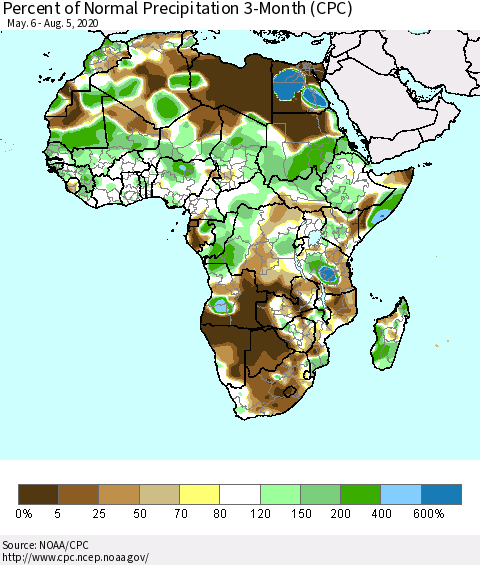 Africa Percent of Normal Precipitation 3-Month (CPC) Thematic Map For 5/6/2020 - 8/5/2020