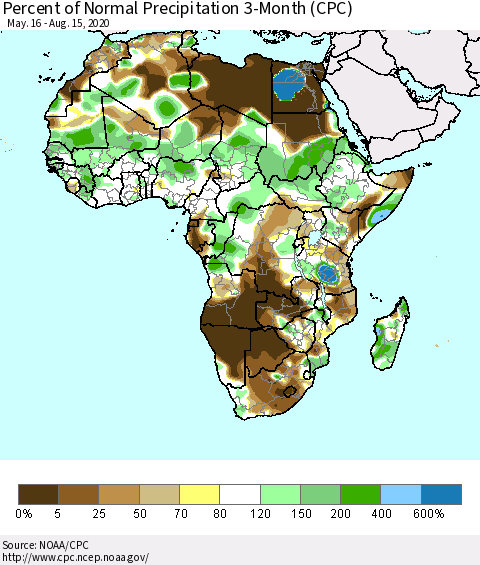 Africa Percent of Normal Precipitation 3-Month (CPC) Thematic Map For 5/16/2020 - 8/15/2020