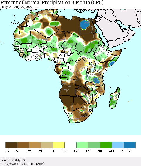 Africa Percent of Normal Precipitation 3-Month (CPC) Thematic Map For 5/21/2020 - 8/20/2020