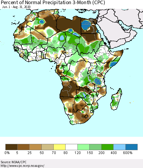 Africa Percent of Normal Precipitation 3-Month (CPC) Thematic Map For 6/1/2020 - 8/31/2020
