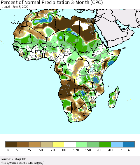 Africa Percent of Normal Precipitation 3-Month (CPC) Thematic Map For 6/6/2020 - 9/5/2020