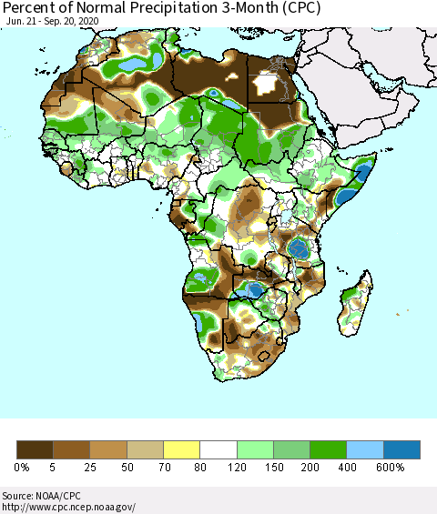 Africa Percent of Normal Precipitation 3-Month (CPC) Thematic Map For 6/21/2020 - 9/20/2020