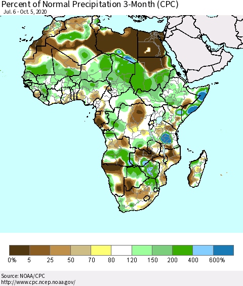 Africa Percent of Normal Precipitation 3-Month (CPC) Thematic Map For 7/6/2020 - 10/5/2020