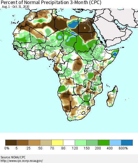 Africa Percent of Normal Precipitation 3-Month (CPC) Thematic Map For 8/1/2020 - 10/31/2020