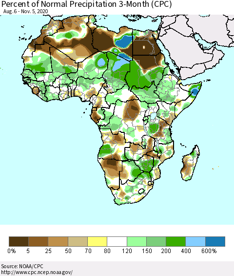 Africa Percent of Normal Precipitation 3-Month (CPC) Thematic Map For 8/6/2020 - 11/5/2020
