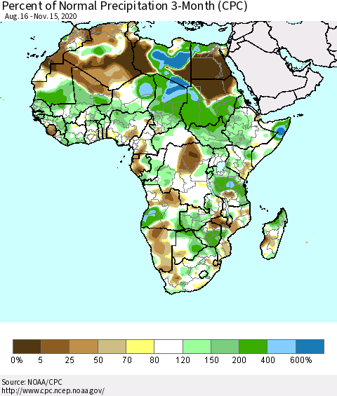 Africa Percent of Normal Precipitation 3-Month (CPC) Thematic Map For 8/16/2020 - 11/15/2020