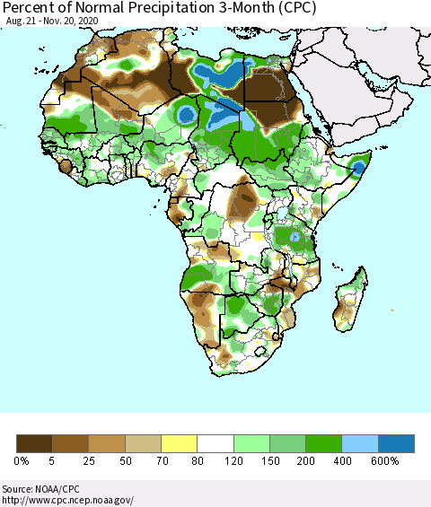 Africa Percent of Normal Precipitation 3-Month (CPC) Thematic Map For 8/21/2020 - 11/20/2020