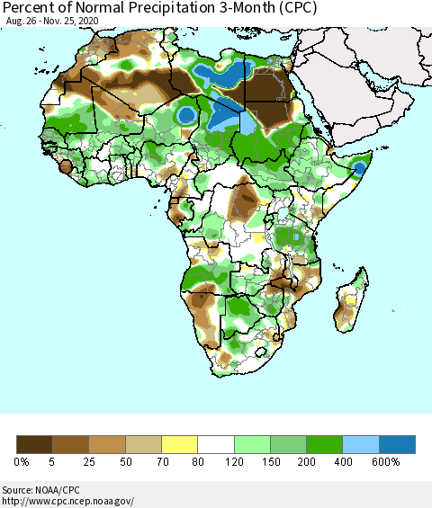 Africa Percent of Normal Precipitation 3-Month (CPC) Thematic Map For 8/26/2020 - 11/25/2020