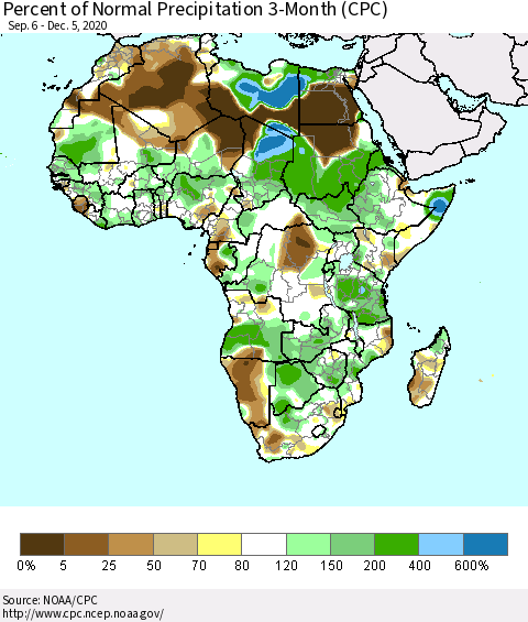 Africa Percent of Normal Precipitation 3-Month (CPC) Thematic Map For 9/6/2020 - 12/5/2020