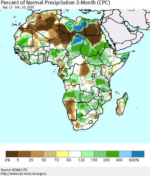 Africa Percent of Normal Precipitation 3-Month (CPC) Thematic Map For 9/11/2020 - 12/10/2020