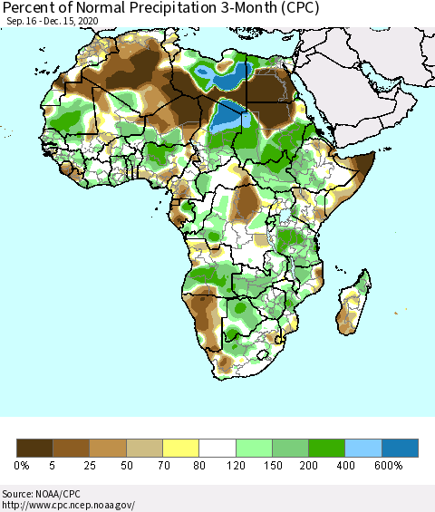 Africa Percent of Normal Precipitation 3-Month (CPC) Thematic Map For 9/16/2020 - 12/15/2020