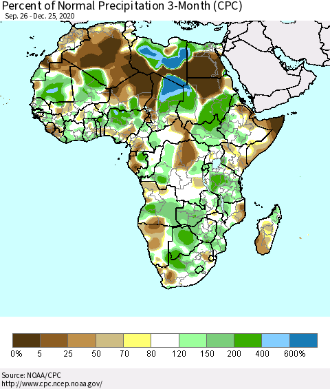Africa Percent of Normal Precipitation 3-Month (CPC) Thematic Map For 9/26/2020 - 12/25/2020