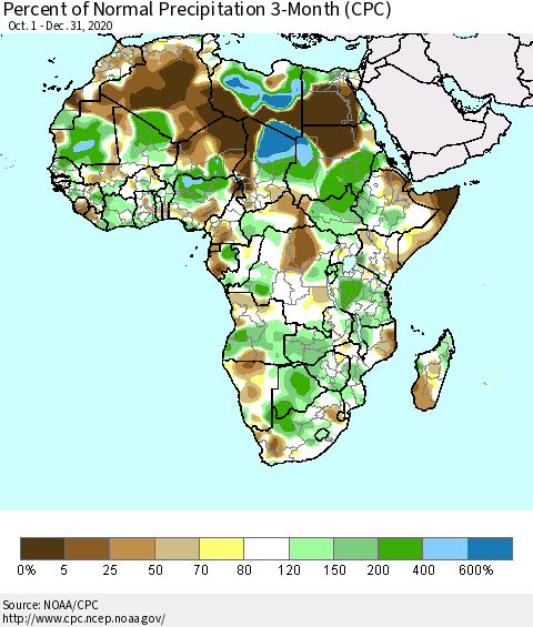 Africa Percent of Normal Precipitation 3-Month (CPC) Thematic Map For 10/1/2020 - 12/31/2020