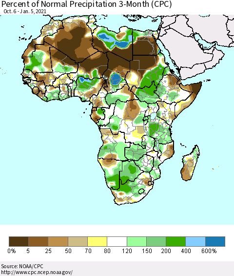 Africa Percent of Normal Precipitation 3-Month (CPC) Thematic Map For 10/6/2020 - 1/5/2021