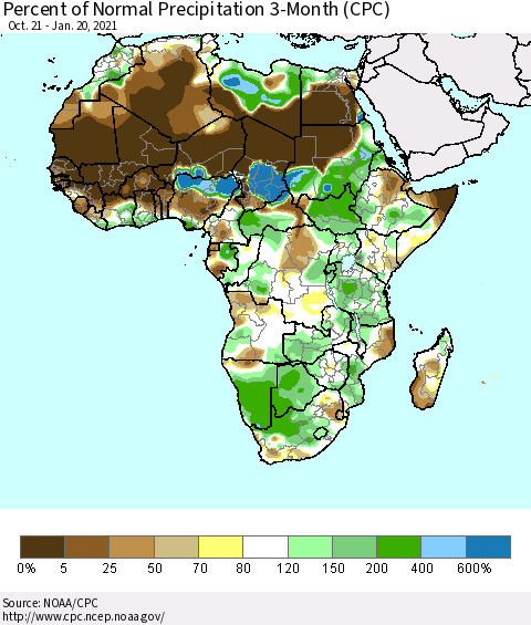 Africa Percent of Normal Precipitation 3-Month (CPC) Thematic Map For 10/21/2020 - 1/20/2021