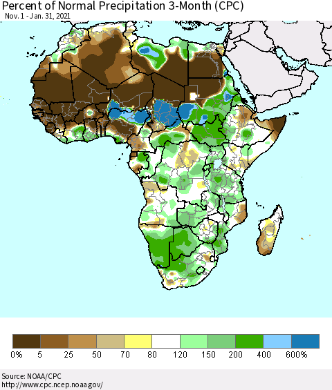 Africa Percent of Normal Precipitation 3-Month (CPC) Thematic Map For 11/1/2020 - 1/31/2021