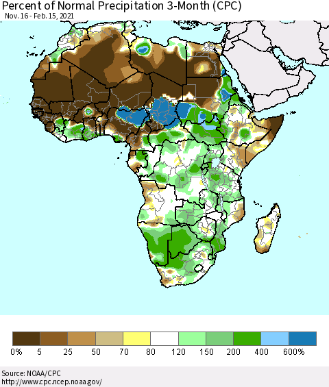 Africa Percent of Normal Precipitation 3-Month (CPC) Thematic Map For 11/16/2020 - 2/15/2021